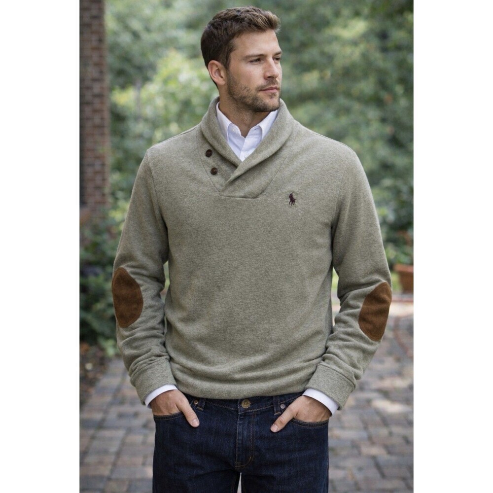 Polo Ralph Lauren Shawl Collar Sweater Sage Green Preppy Elbow Patch Size Medium